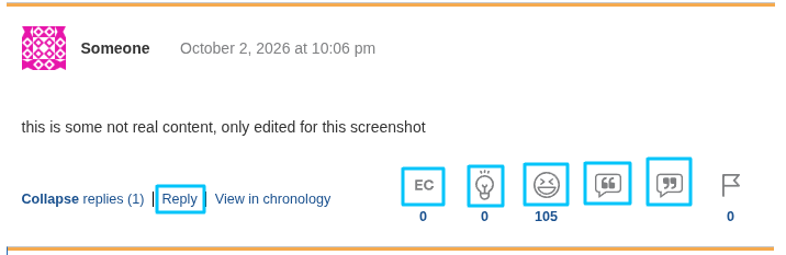 A comment with its Reply link and five reaction buttons outlined in blue.